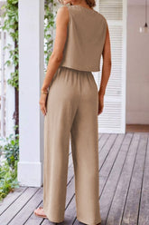 Button Down Vest and Drawstring Wide Leg Pants Set OutfitFlow